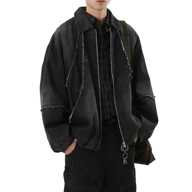 Men black niche bomber jacket with distressed denim design sense niche featuring frayed edges and silver zipper