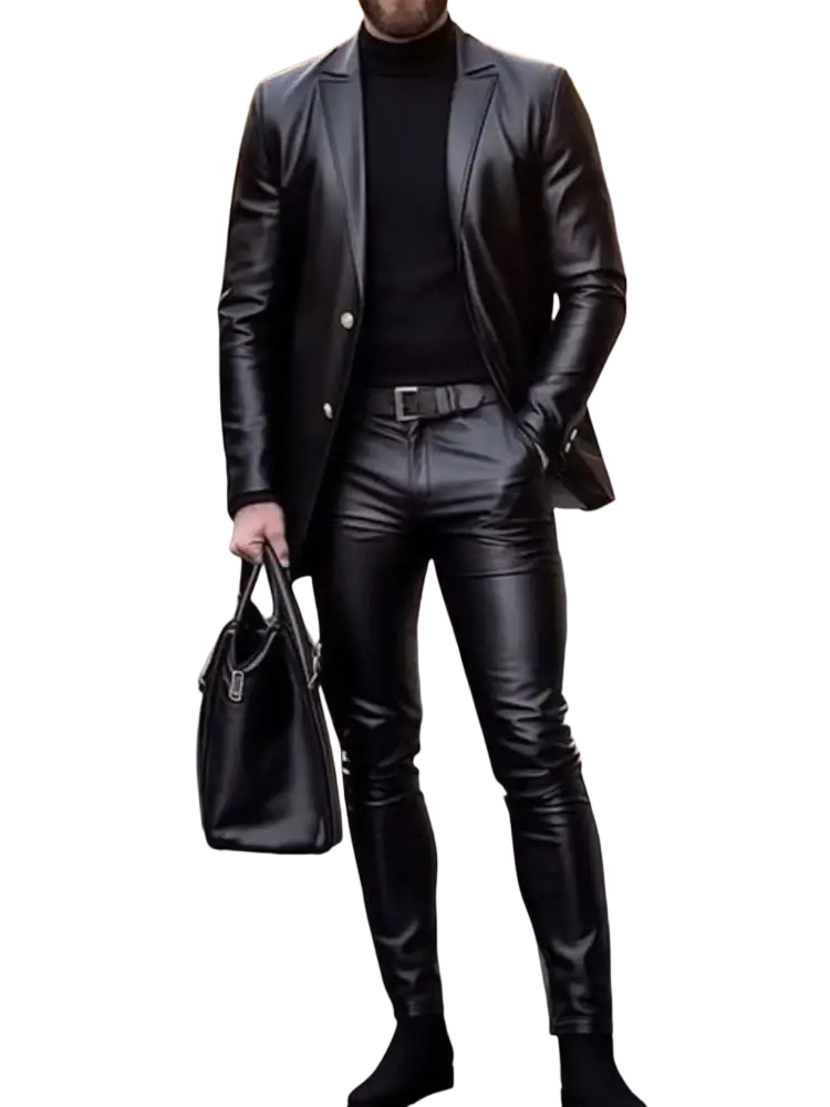 Men black pu leather blazer with gold button closure type offering stylish suit pants and reliable customer service