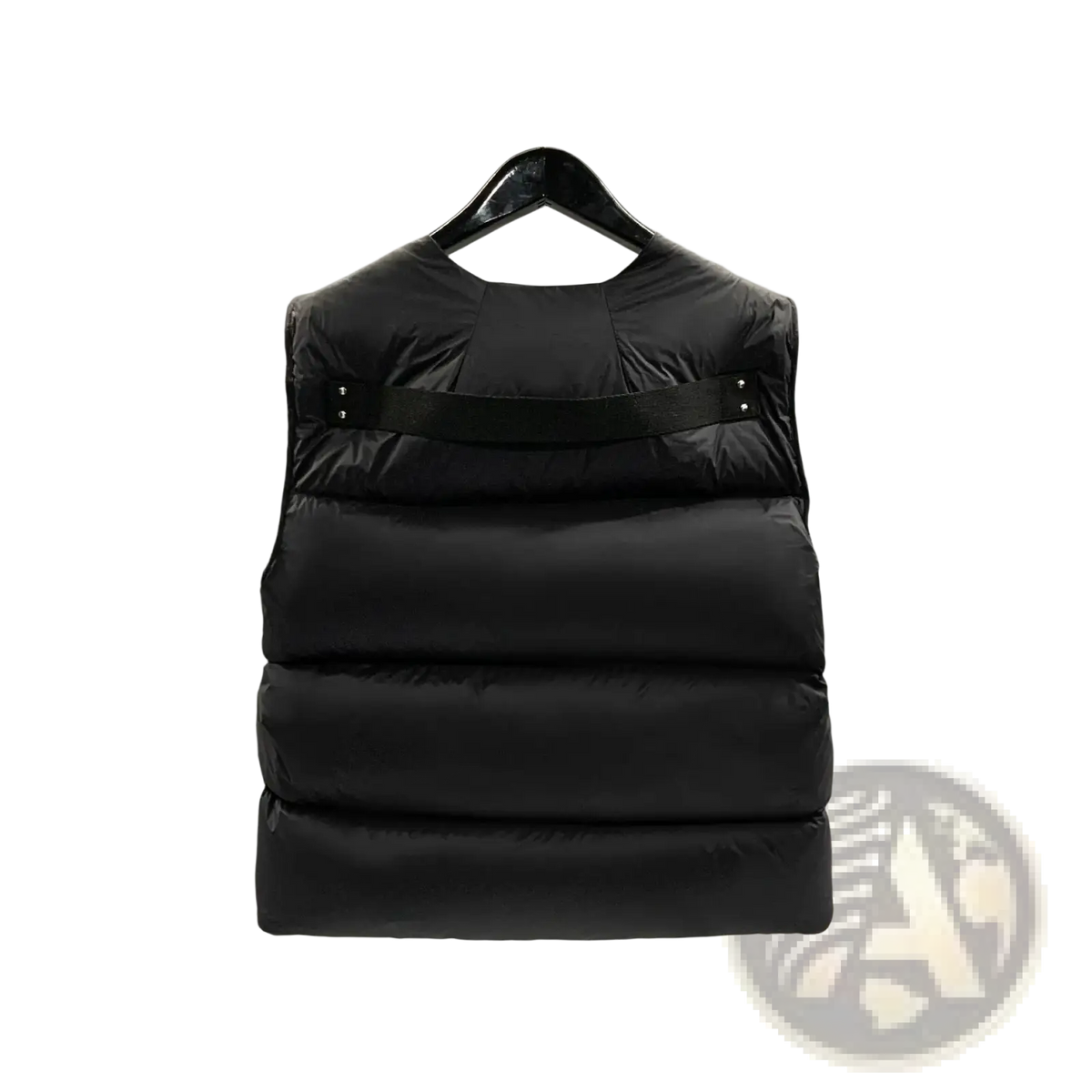 Men black quilted puffer vest with horizontal stitching and wide strap designed for winter outerwear use