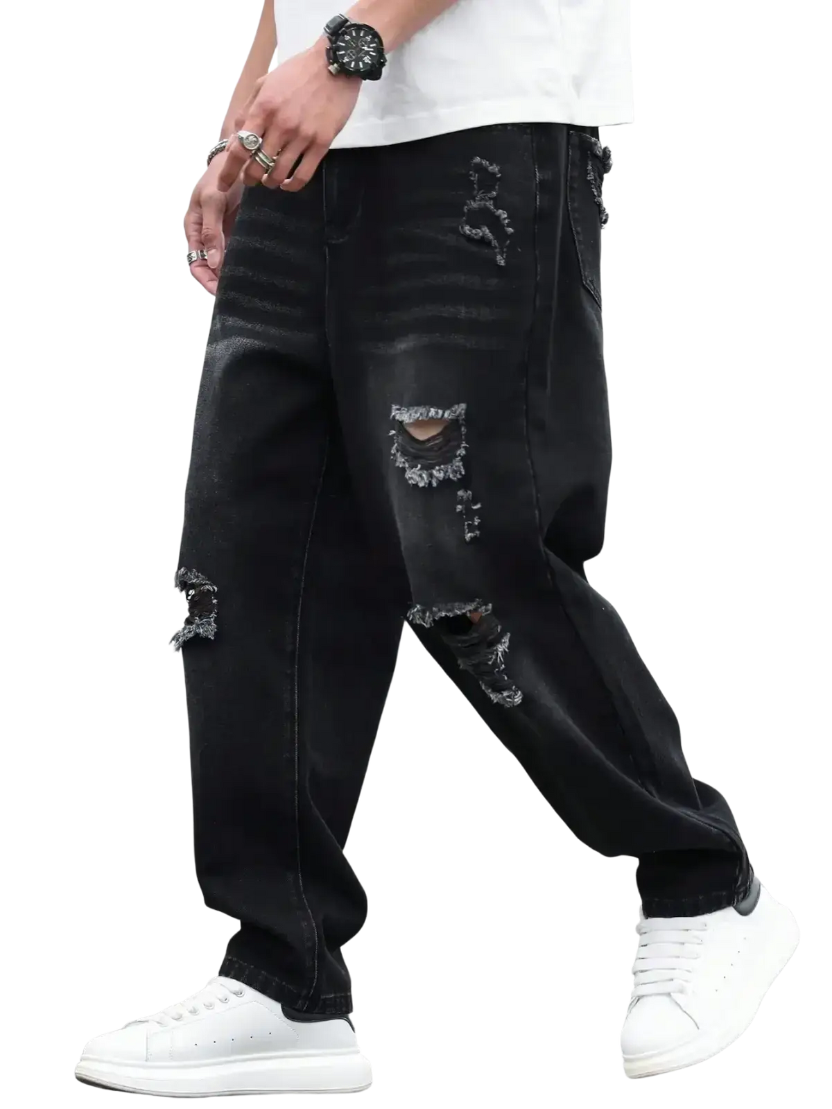 Men black ripped denim harem pants featuring distressed black ripped denim with a relaxed fit and casual style