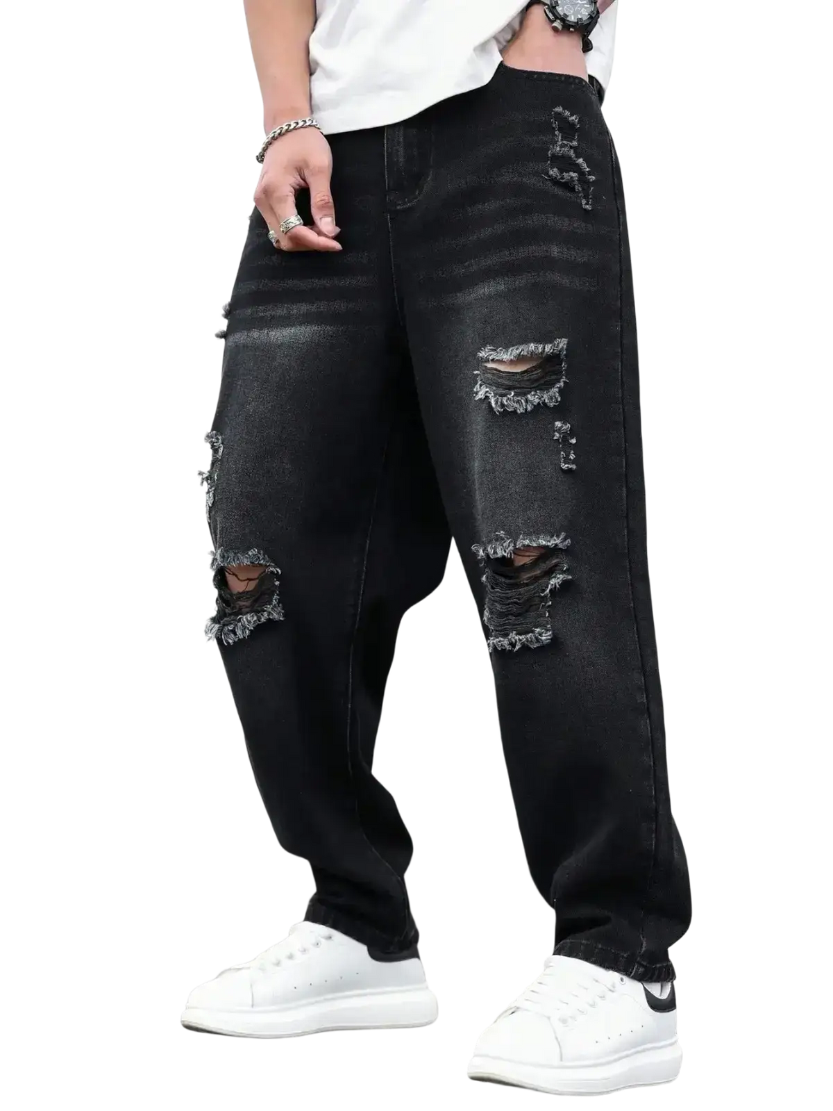 Men black ripped denim harem pants featuring distressed fabric and frayed ripped details in black denim material
