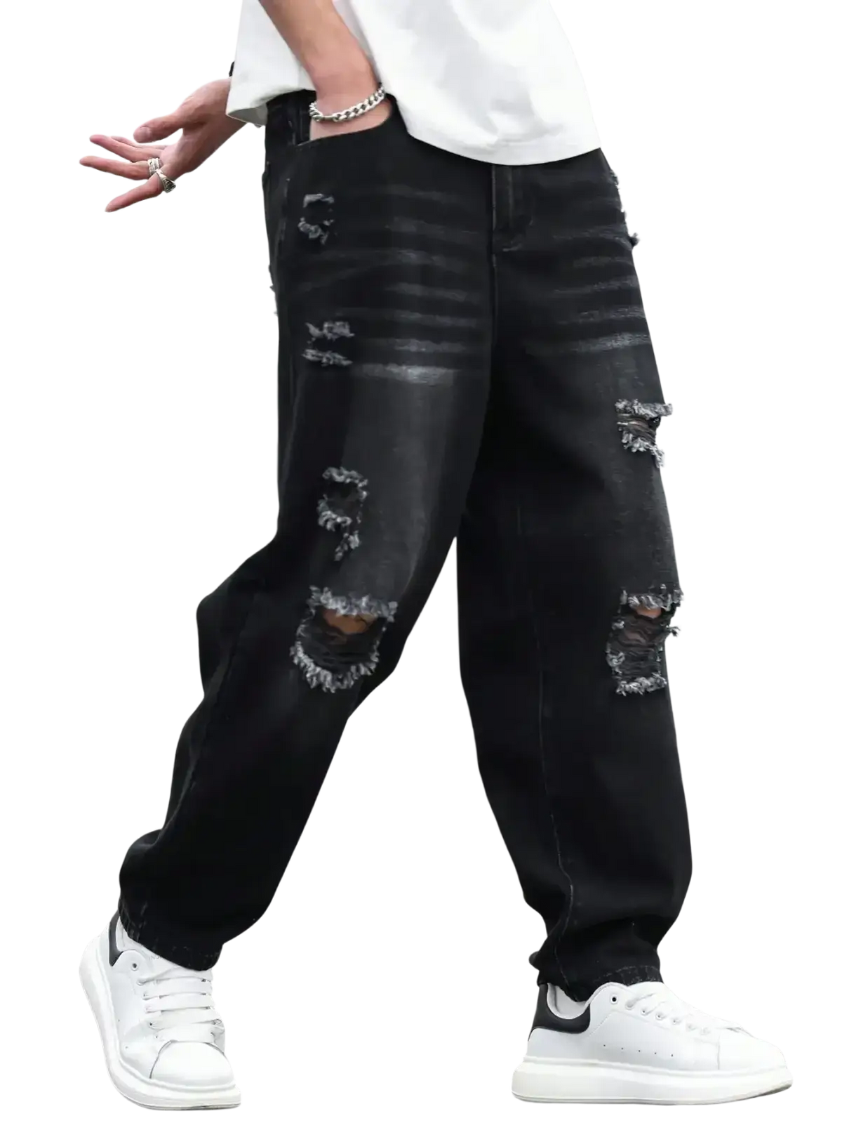 Men black ripped denim harem pants featuring distressed fabric with ripped knee patches and faded wash design