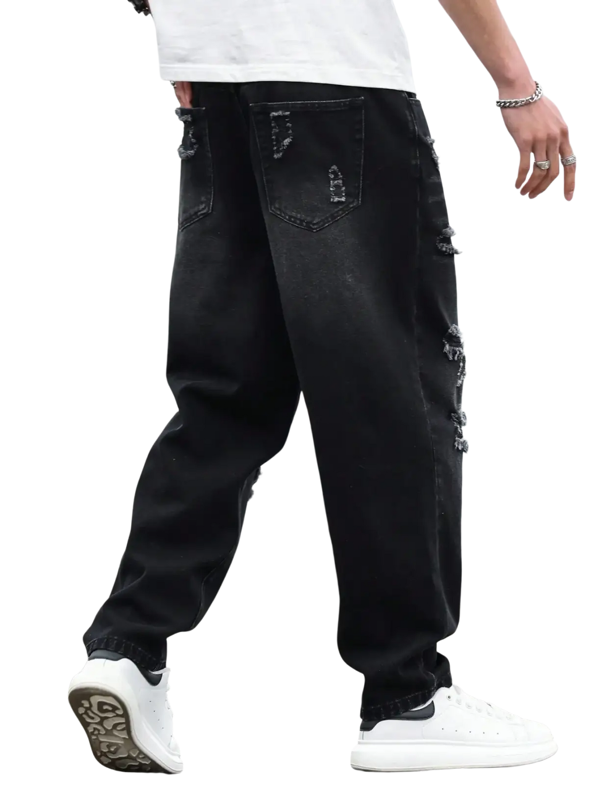 Men black ripped denim harem pants featuring distressed details and a relaxed fit in cotton denim material
