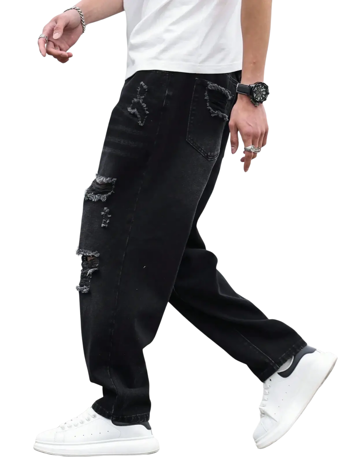 Men black ripped denim harem pants featuring distressed details and a relaxed fit in black denim material