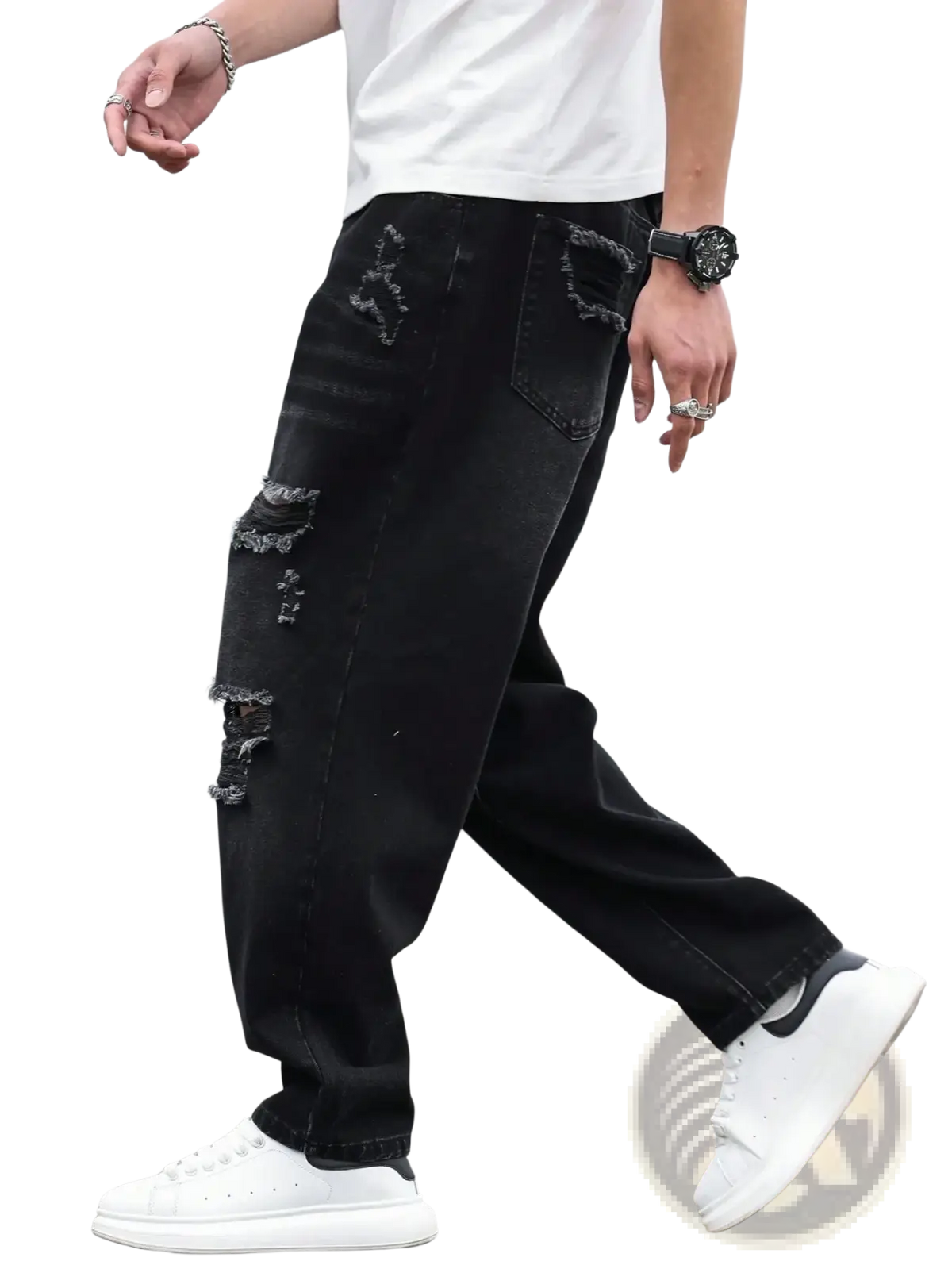 Men black ripped denim harem pants featuring distressed details and a relaxed fit in black denim material