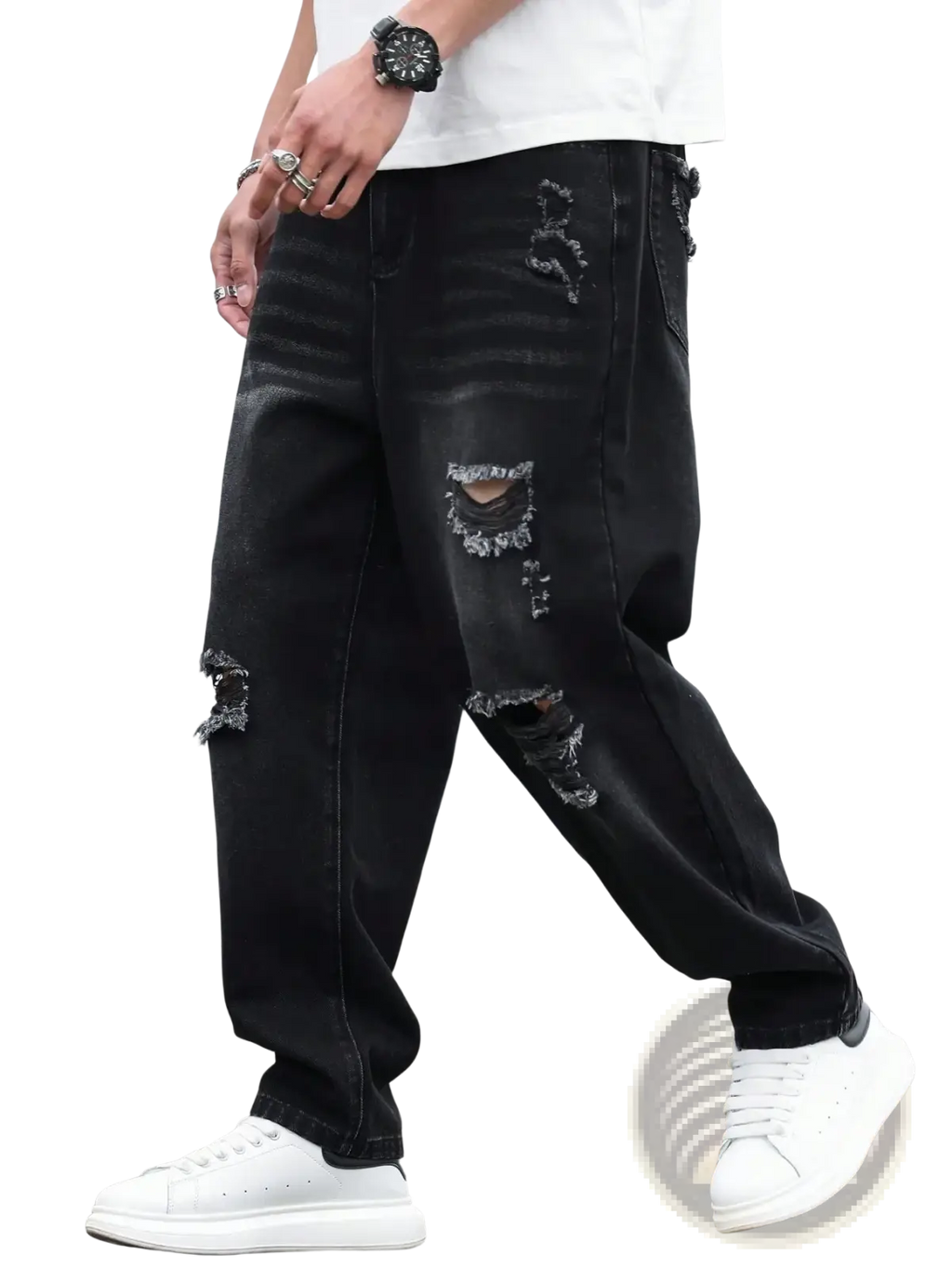 Men black ripped denim harem pants featuring distressed black denim with ripped details and a relaxed fit