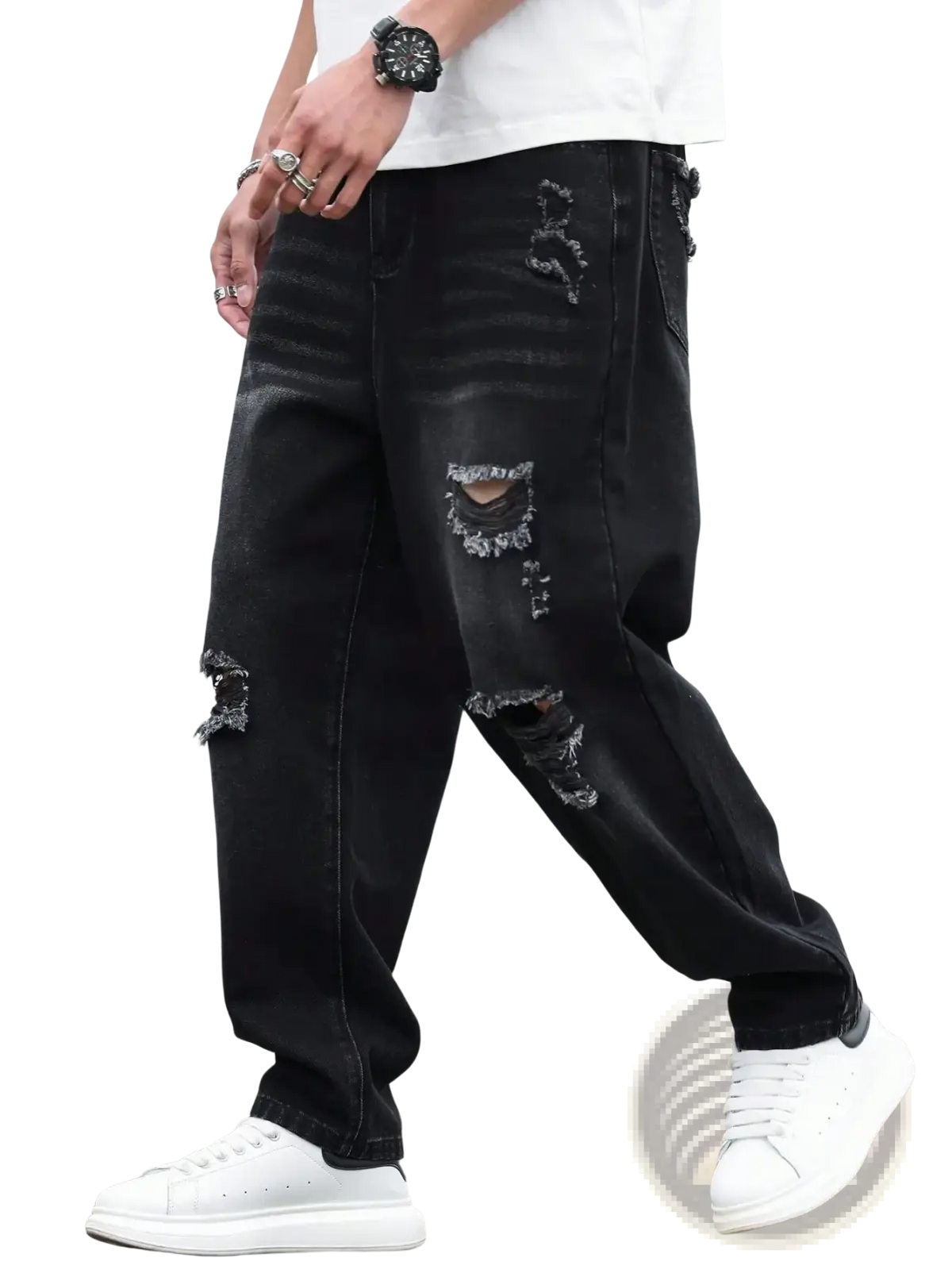 Men black ripped denim harem pants featuring distressed black denim with ripped details and a relaxed fit
