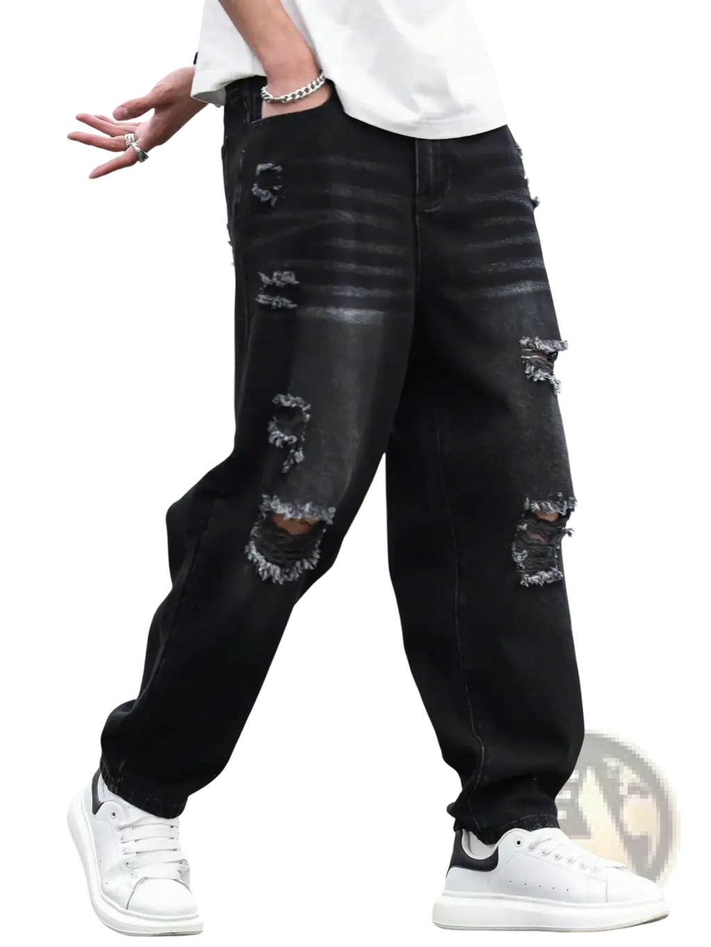 Men black ripped denim harem pants featuring distressed frayed details and a relaxed tapered fit in denim material