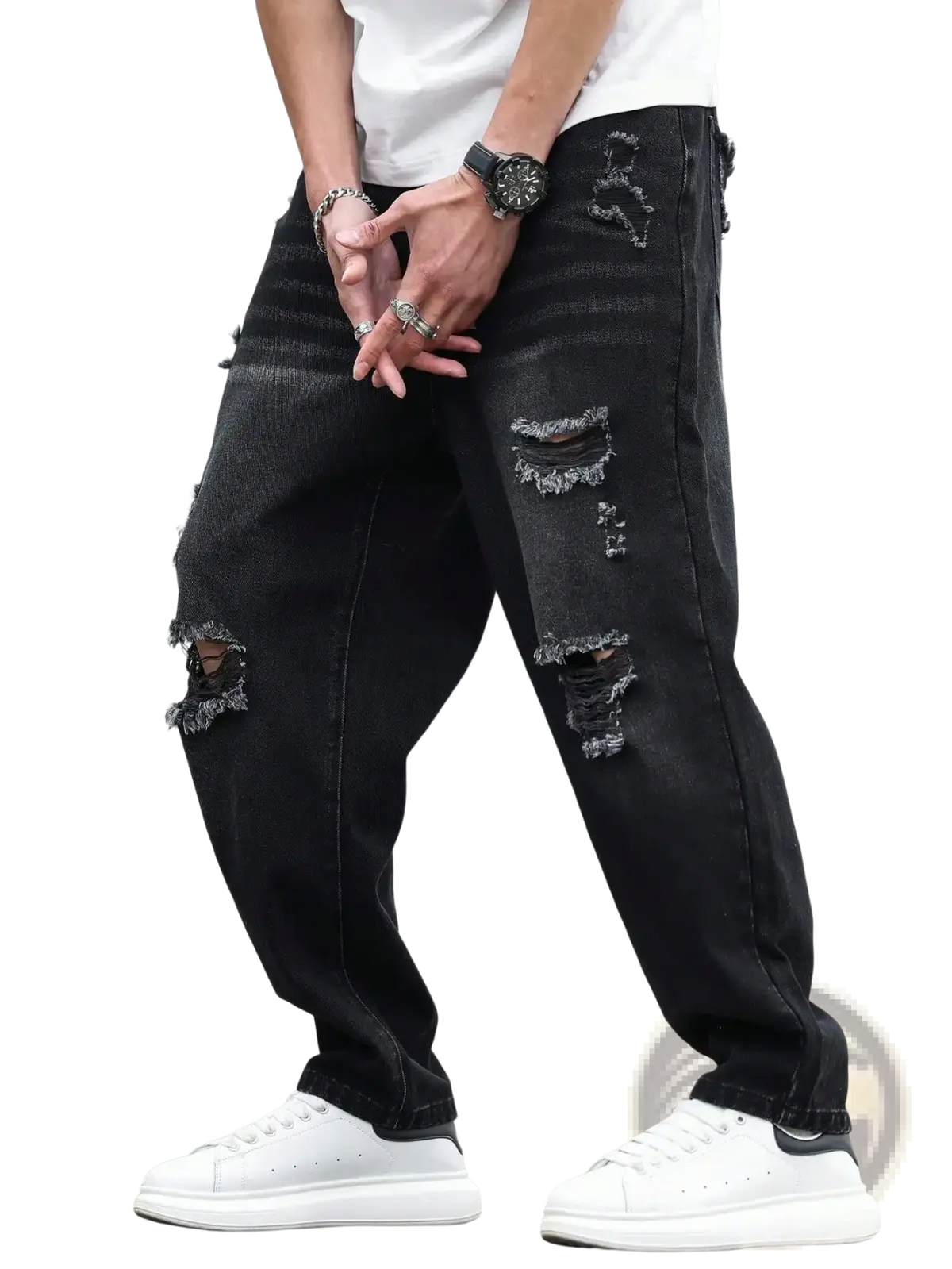 Men black ripped denim harem pants featuring distressed frayed details made of durable denim fabric