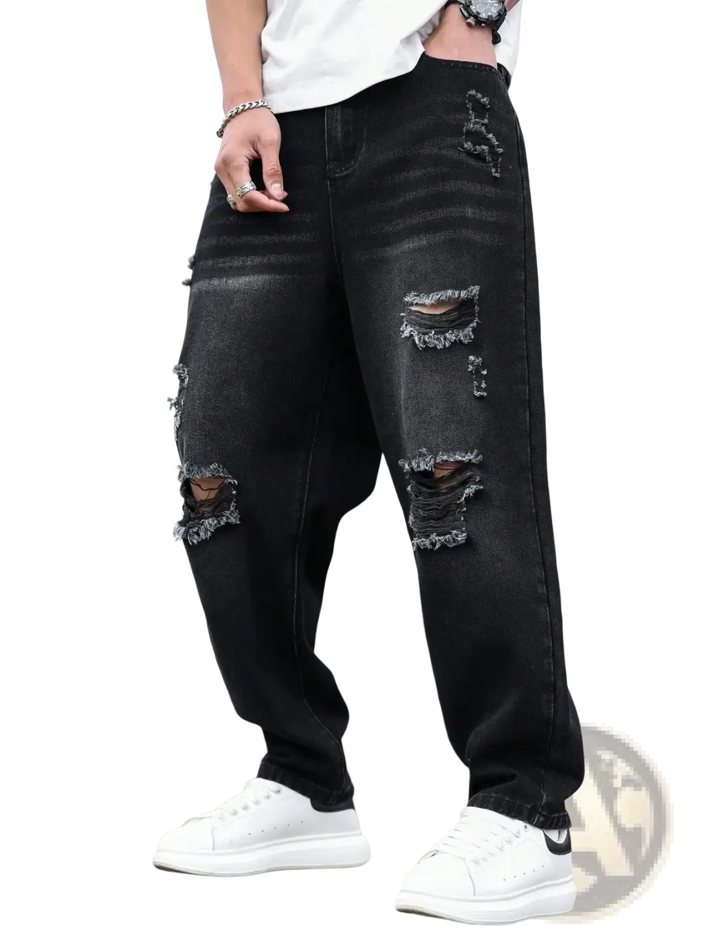 Men black ripped denim harem pants featuring distressed fabric with multiple ripped patches and frayed edges