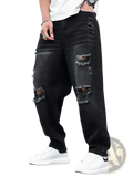 Men black ripped denim harem pants featuring distressed fabric with multiple ripped patches and frayed edges