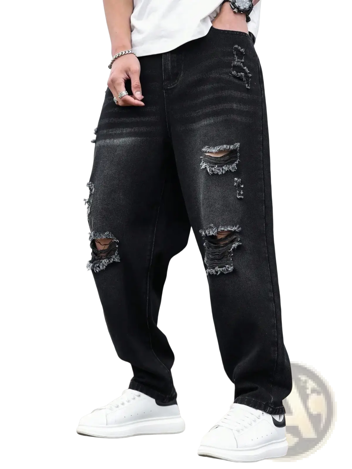 Men black ripped denim harem pants featuring distressed fabric with multiple ripped patches and frayed edges