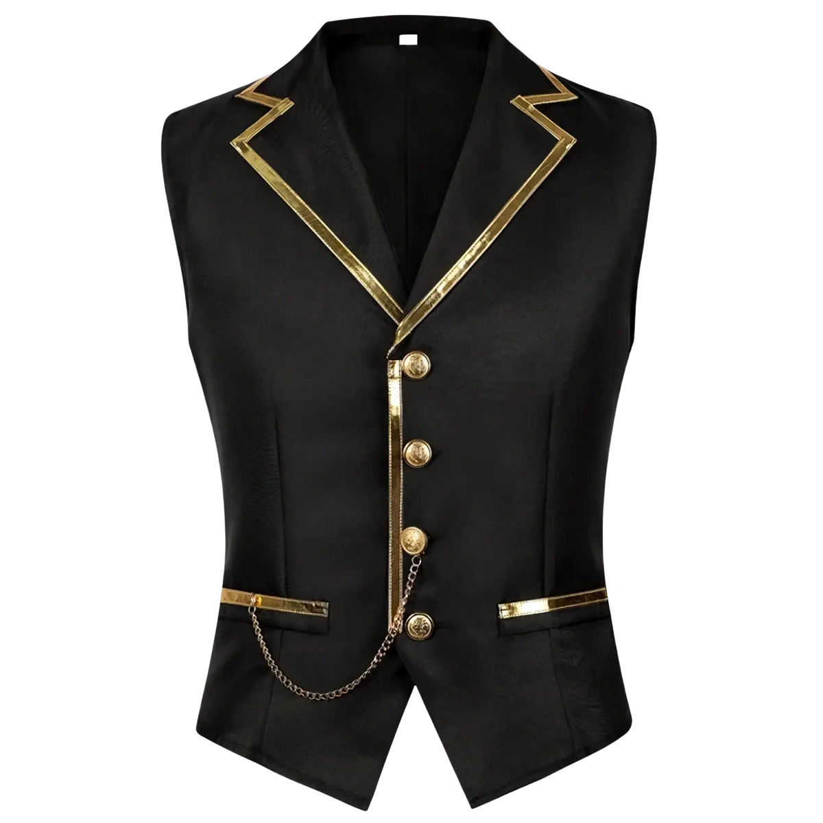 Men black satin suit vest featuring gold zigzag trim matching buttons and chain detailing