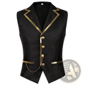 Men black satin suit vest featuring gold zigzag trim matching buttons and chain detailing