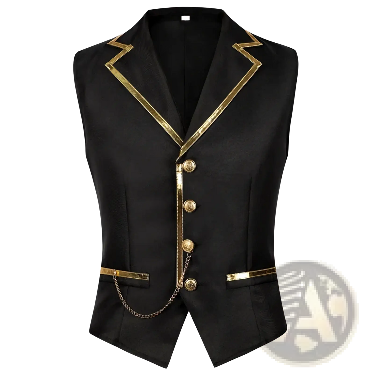 Men black satin suit vest featuring gold zigzag trim matching buttons and chain detailing