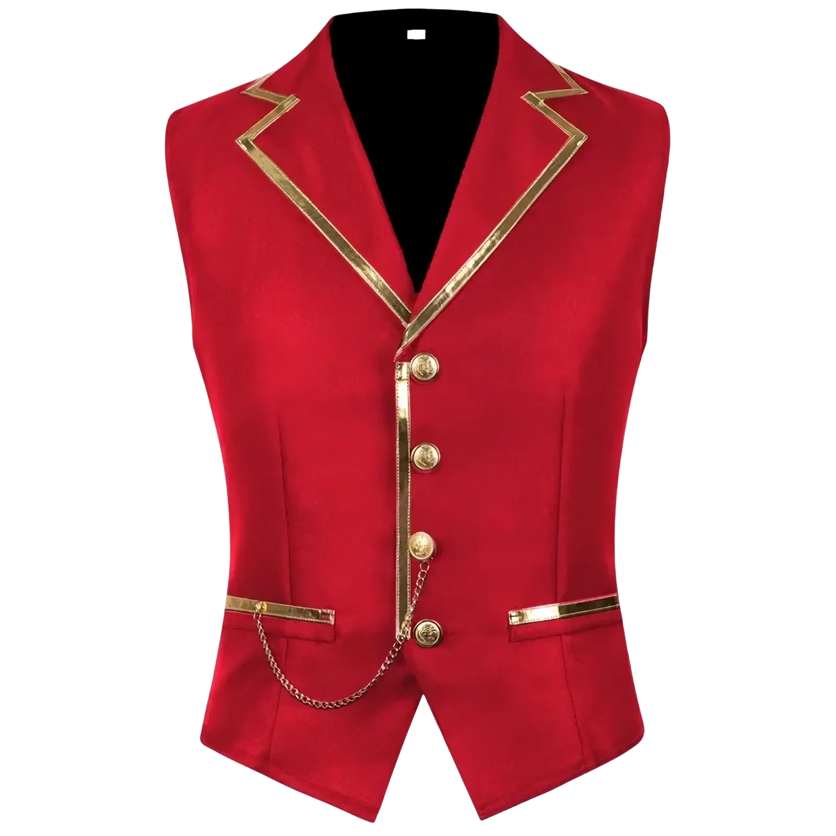Men black satin gold trim suit vest featuring a red satin front with gold trim and buttons