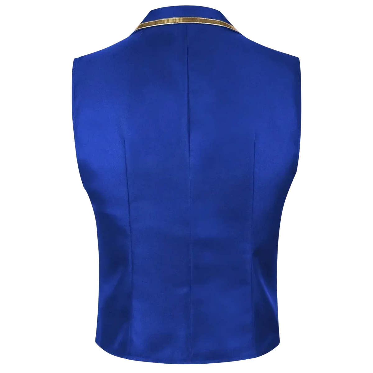 Men black satin suit vest featuring royal blue satin front with gold-trimmed collar for formal occasions