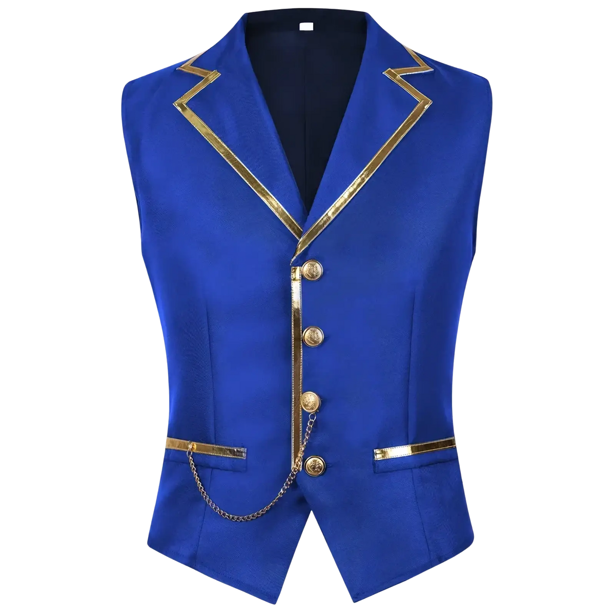 Men black satin suit vest in royal blue with gold trim buttons and chain detail at the waist