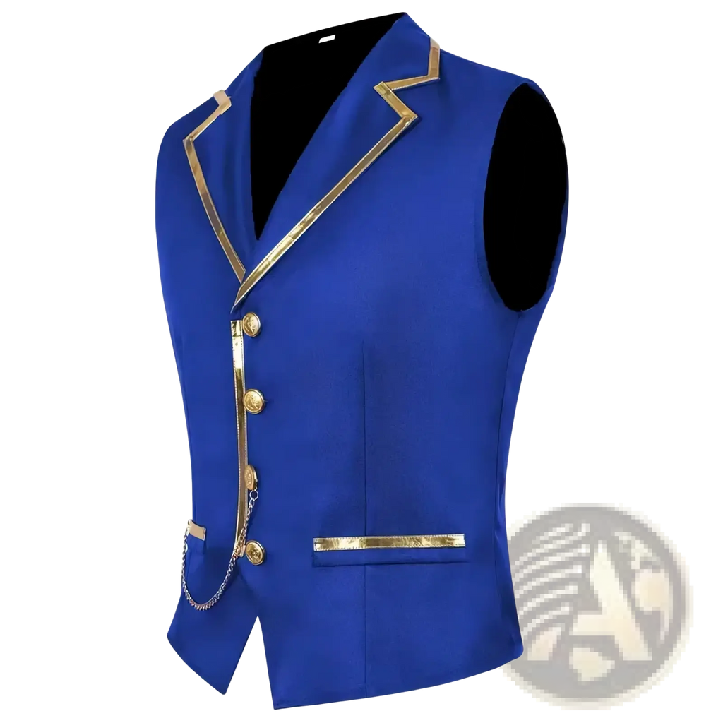 Men black satin suit vest in royal blue with gold trim and buttons for formal occasions