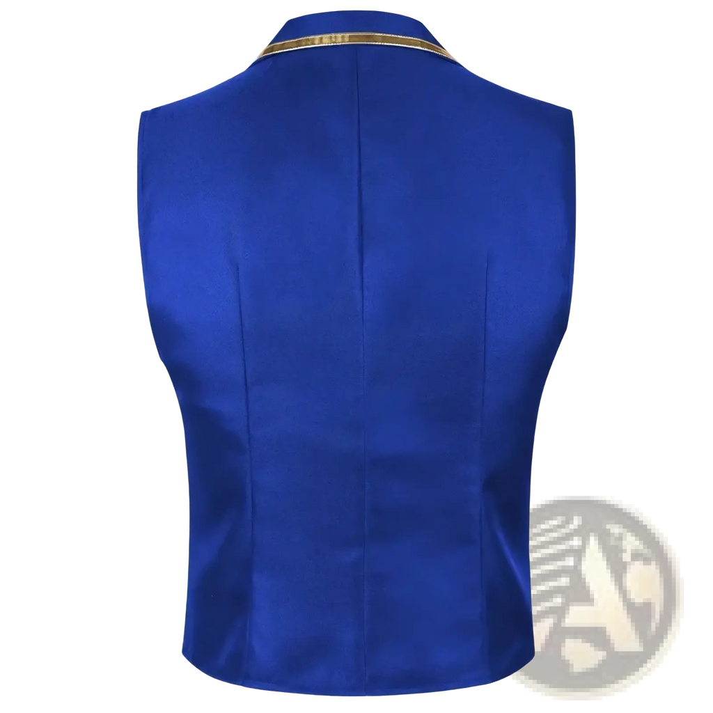 Men black satin suit vest featuring royal blue satin front with gold-trimmed collar for formal occasions
