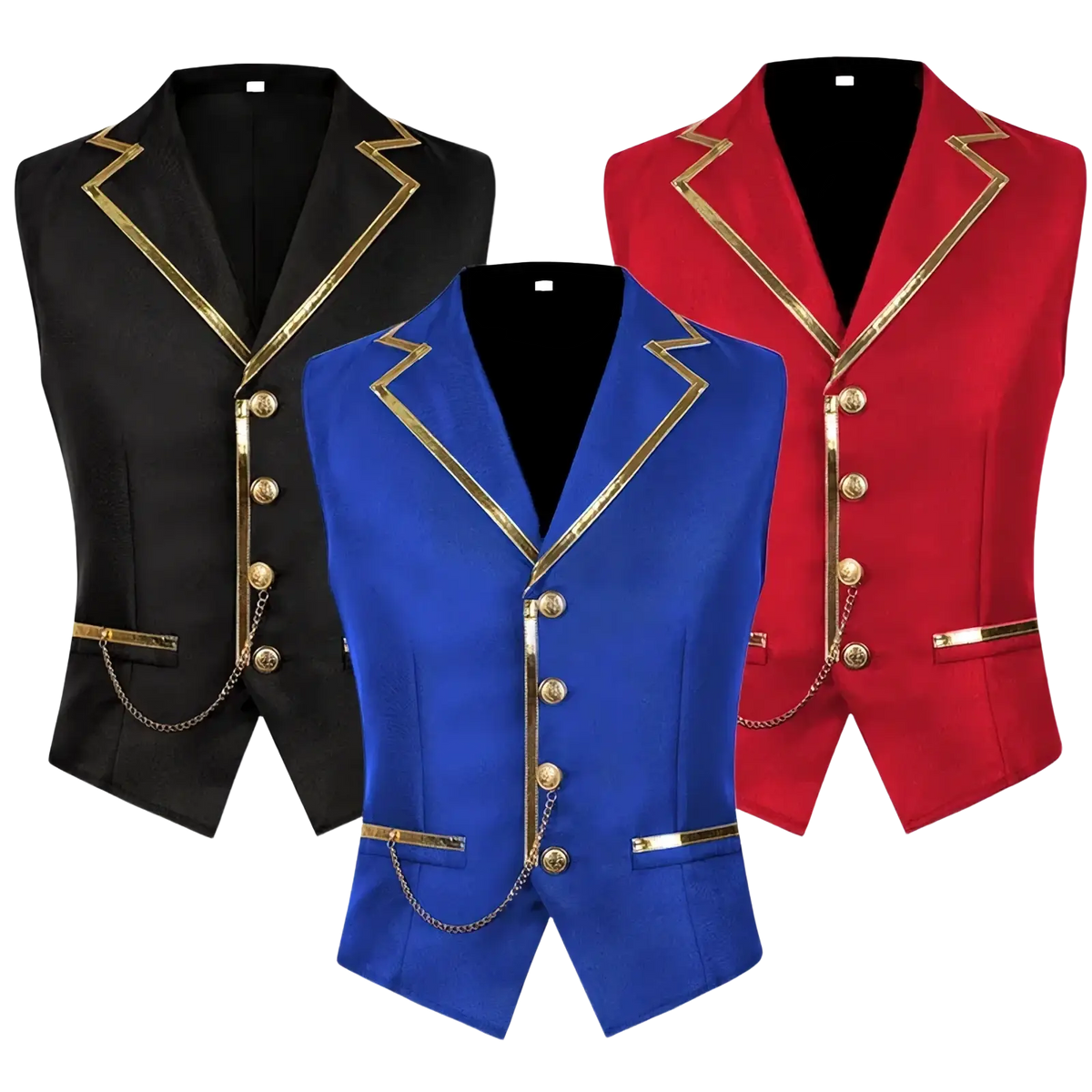 Three stylish men’s satin vest jackets in black, blue, and red with gold trim detailing for formal wear