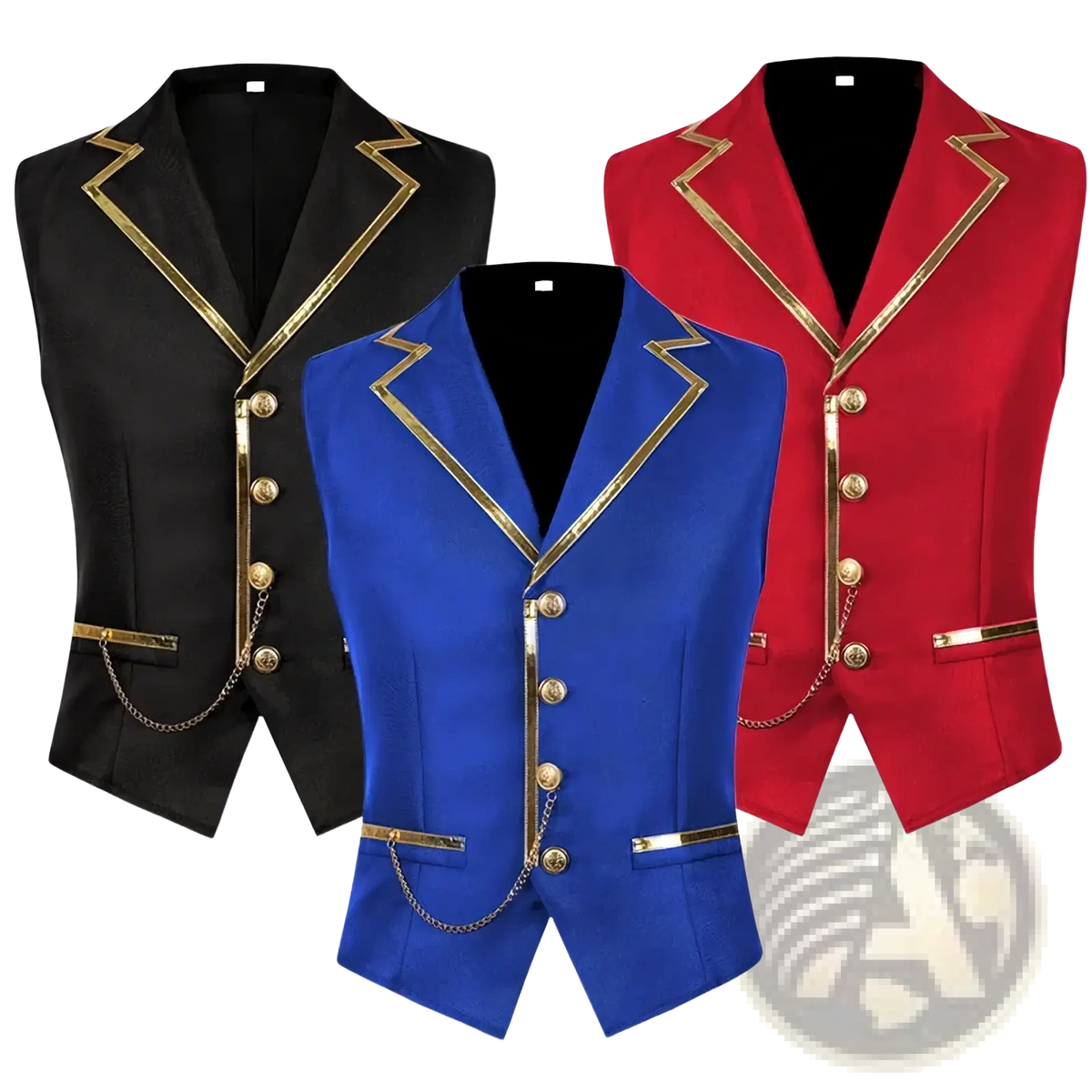 Three stylish men’s satin vest jackets in black, blue, and red with gold trim detailing for formal wear