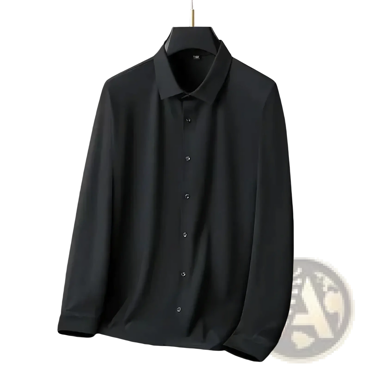 Men black dress shirt with long sleeves, crisp collar, and subtle sheen for formal and business wear