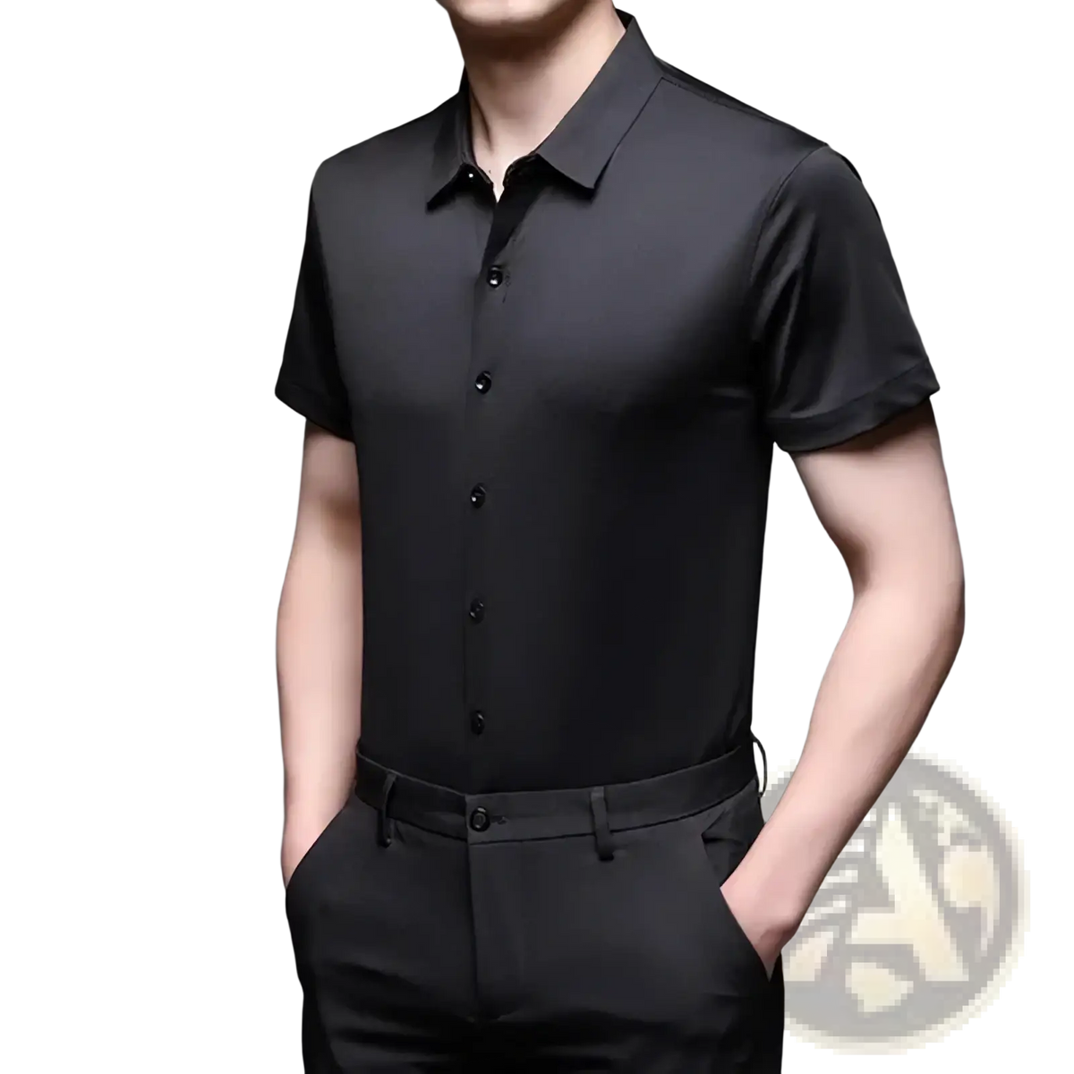 Men black short sleeve dress shirt featuring a crisp collar and button-down front in a comfortable fabric