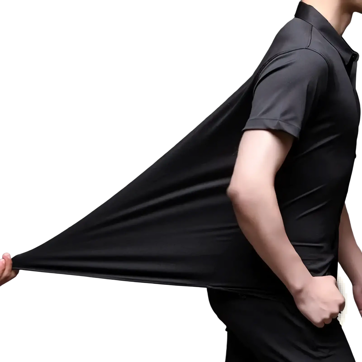 Men black short sleeve dress shirt made of sleek stretchy fabric with subtle stitching details and a polo collar