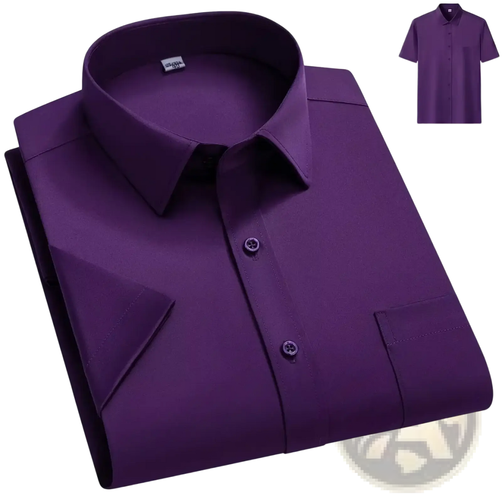 Men black short sleeve slim fit dress shirt in sleek deep purple with crisp collar and subtle button details