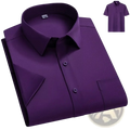 Men black short sleeve slim fit dress shirt in sleek deep purple with crisp collar and subtle button details