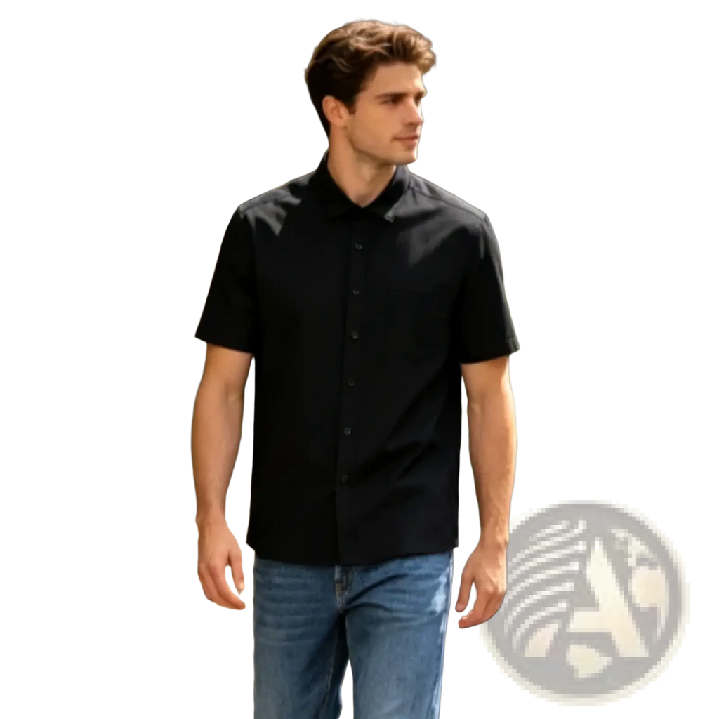 Men black short sleeve dress shirt slim fit with a sleek fabric texture and classic collar for formal occasions