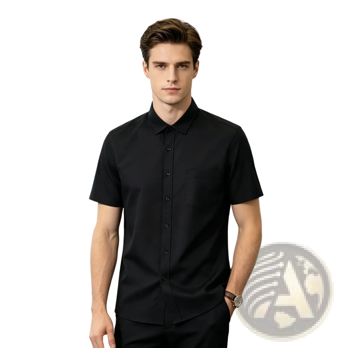 Men black short sleeve dress shirt slim fit with classic collar and subtle stitching details ideal for formal wear