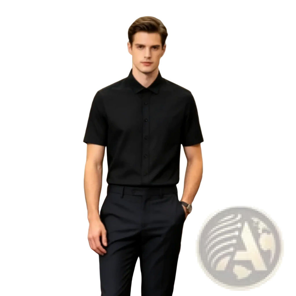 Men black short sleeve dress shirt slim fit with classic collar and tailored fit in lightweight fabric for formal wear