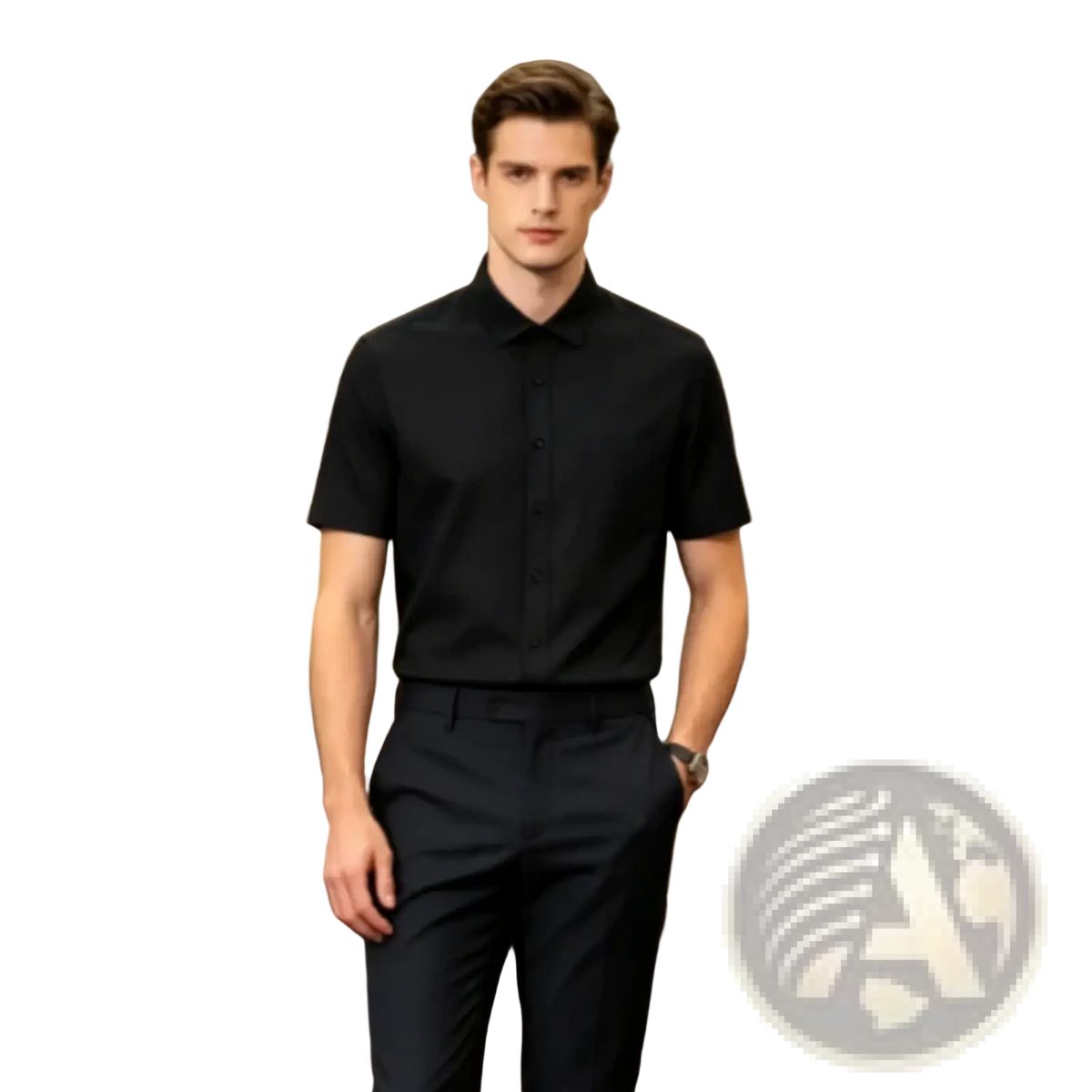 Men black short sleeve dress shirt slim fit with classic collar and tailored fit in lightweight fabric for formal wear