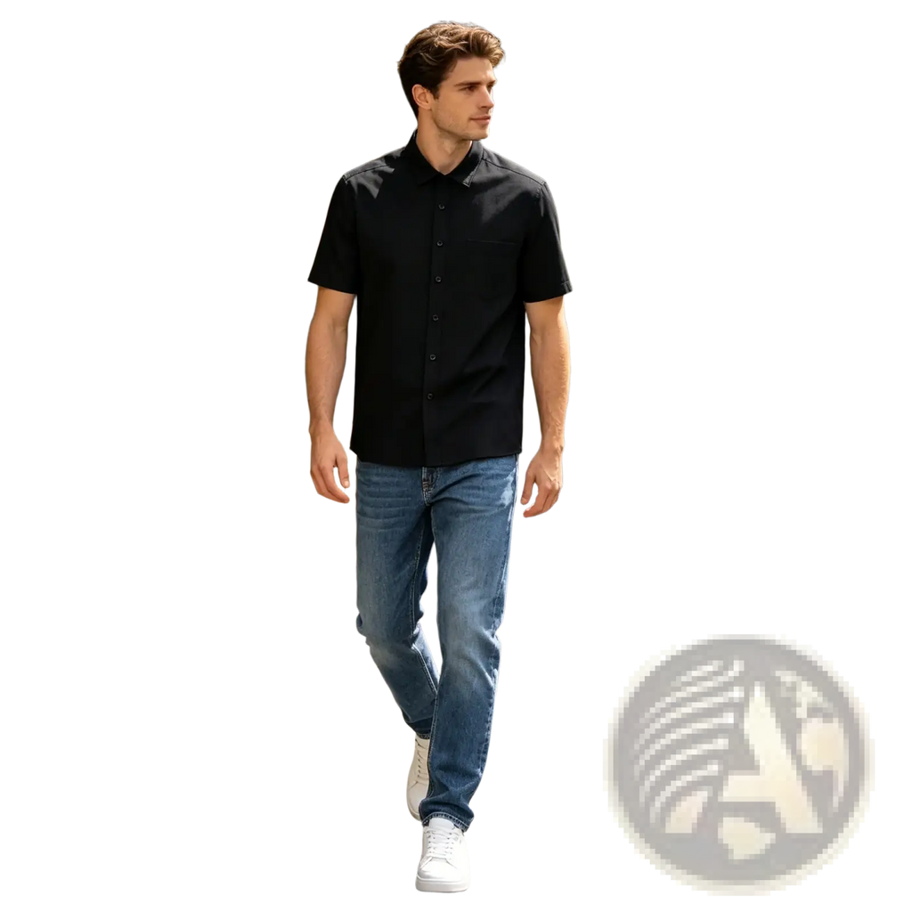 Men black short sleeve dress shirt slim fit featuring breathable fabric ideal for formal and casual occasions