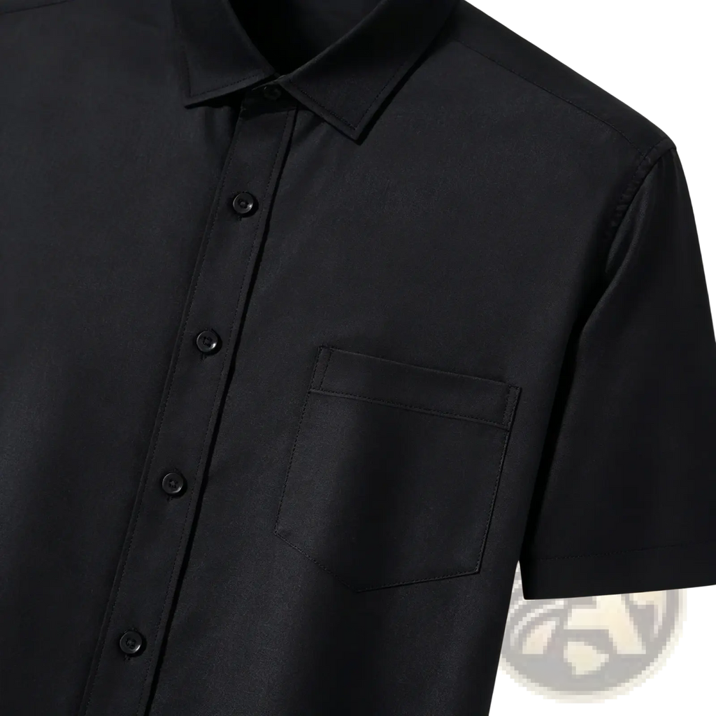Men black short sleeve dress shirt slim fit with classic collar and chest pocket in lightweight breathable fabric