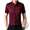 Men black short sleeve dress shirt in sleek dark burgundy with crisp collar and black buttons for formal wear