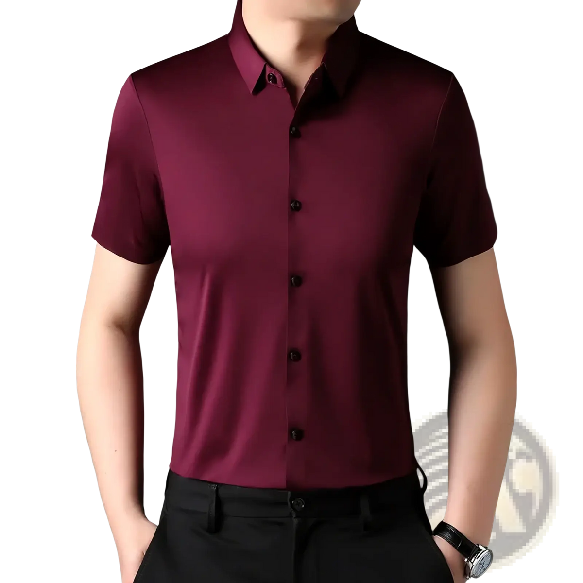 Men black short sleeve dress shirt in sleek dark burgundy with crisp collar and black buttons for formal wear