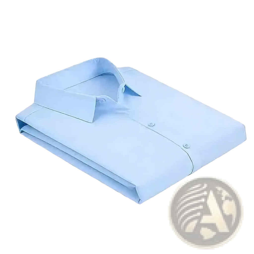 A neatly folded light blue dress shirt with classic collar and button-down front for men black short sleeve slim dress shirt product