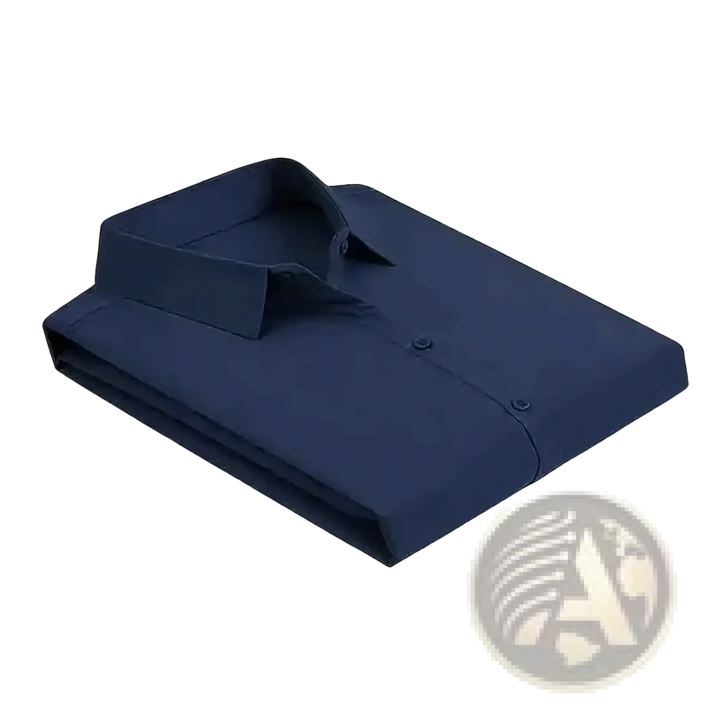 A neatly folded navy blue men’s dress shirt with classic collar and button-down front for formal wear