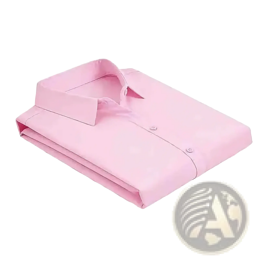 A neatly folded pink men’s dress shirt with a classic collar and button-down front for formal occasions
