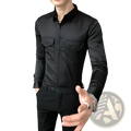 Men black slim fit double pocket dress shirt with long sleeves and sleek modern design in soft fabric