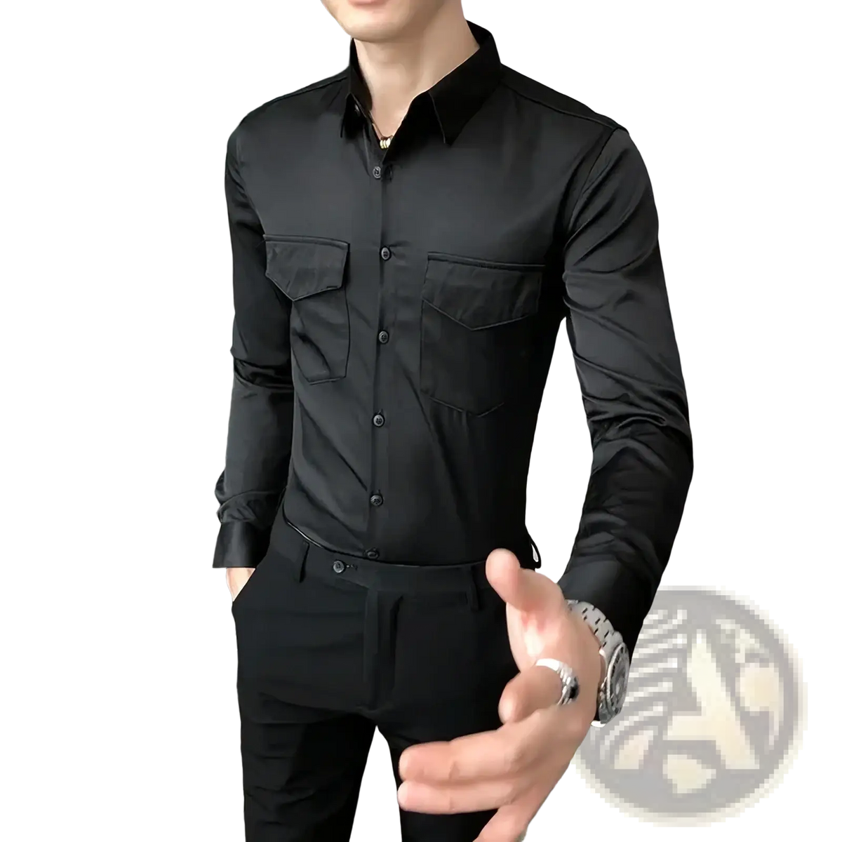 Men black slim fit double pocket dress shirt with long sleeves and sleek modern design in soft fabric