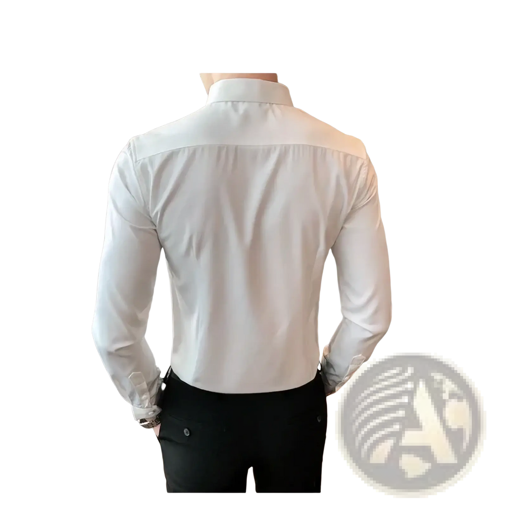Men black slim fit double pocket dress shirt in smooth cotton fabric with tailored fit and classic collar shown from front