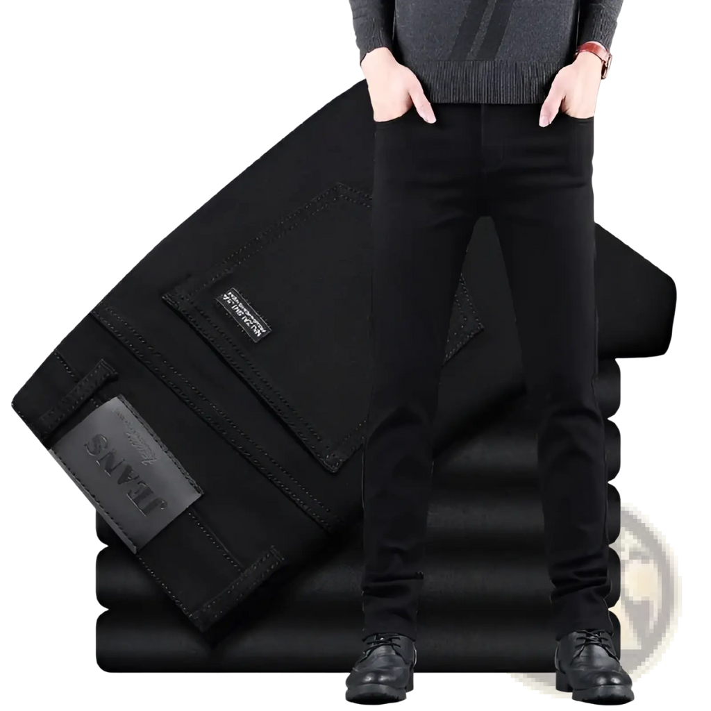 Men black slim fit stretch denim jeans with visible stitching details showcasing a sleek denim texture