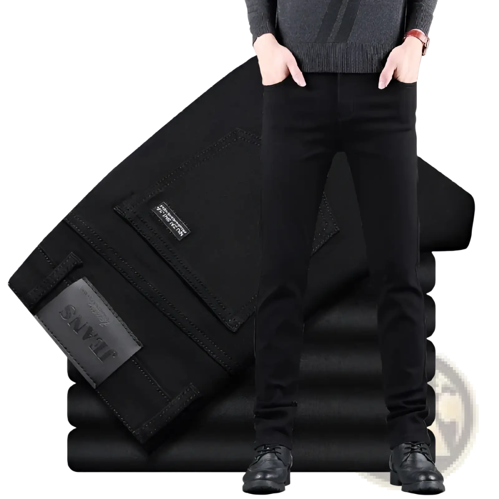 Men black slim fit stretch denim jeans with visible stitching details showcasing a sleek denim texture