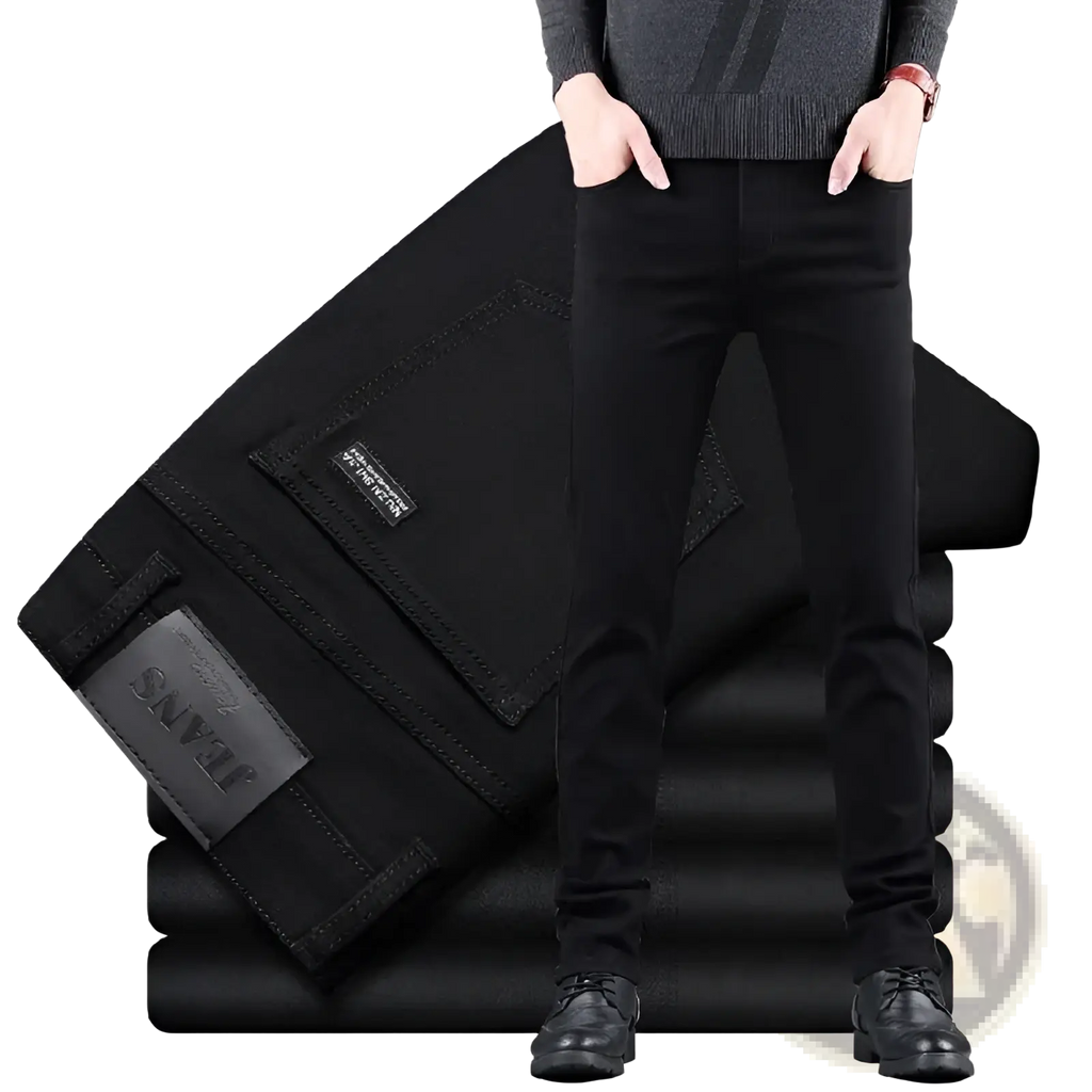 Men black slim fit stretch denim jeans showing slim fit black denim with branded waistband patch and visible stitching details
