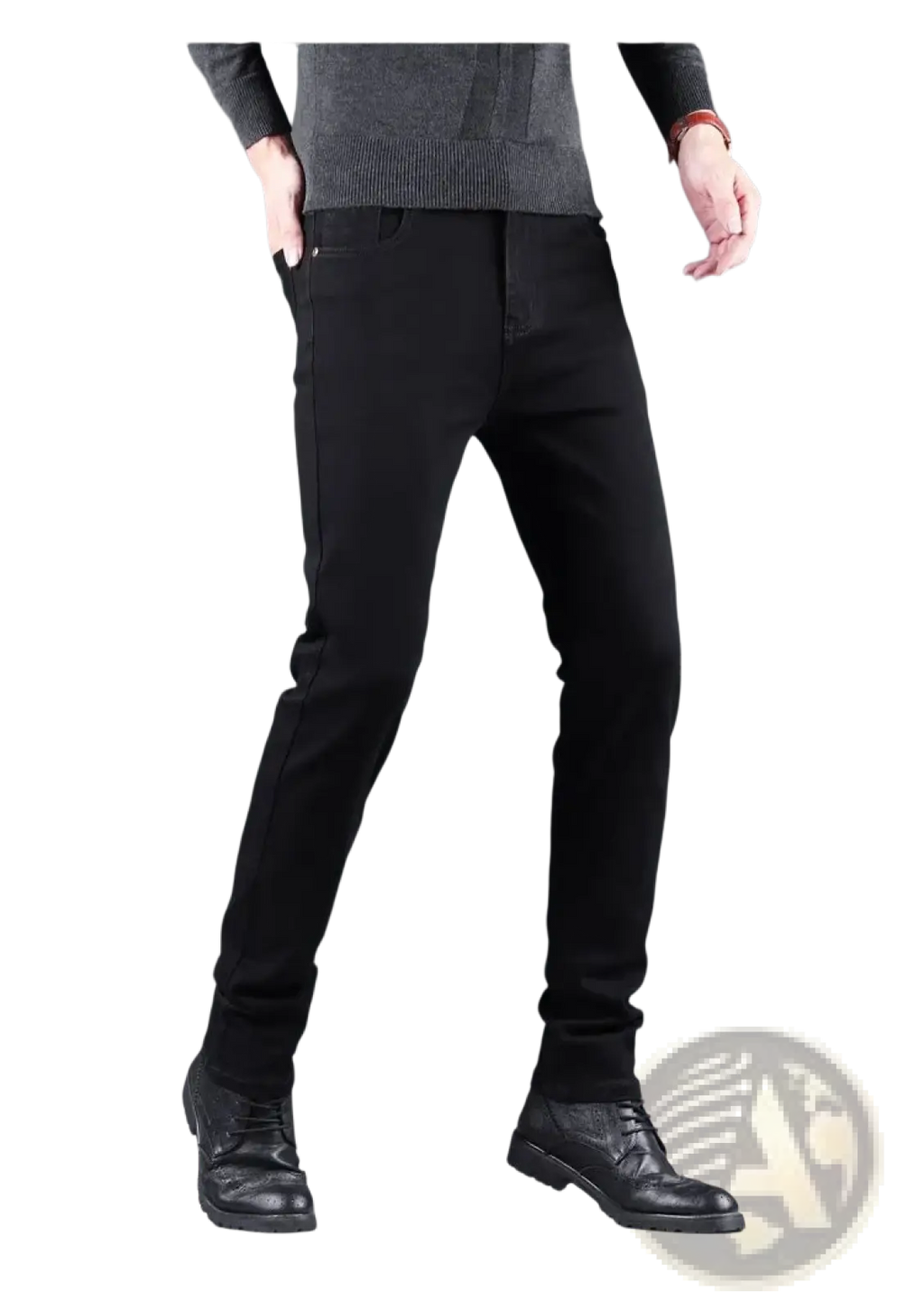 Men black slim fit stretch denim jeans with a classic five-pocket design and subtle stitching details