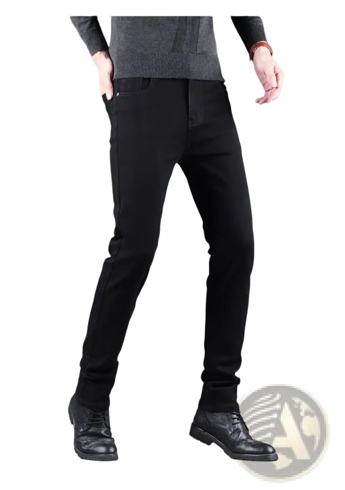 Men black slim fit stretch denim jeans with a classic five-pocket design and subtle stitching details
